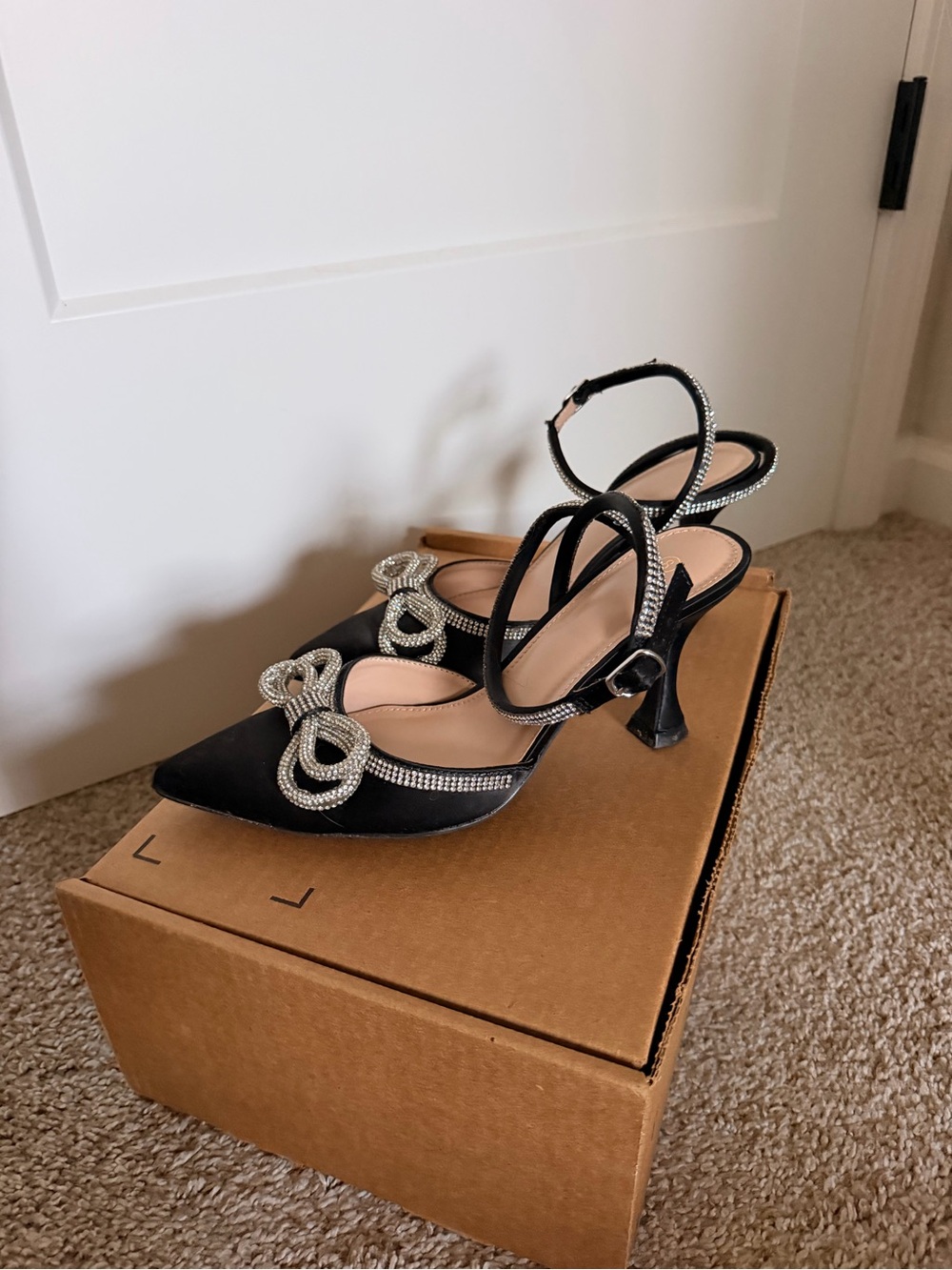 Black Rhinestone Slingback Heels with Bow Accent